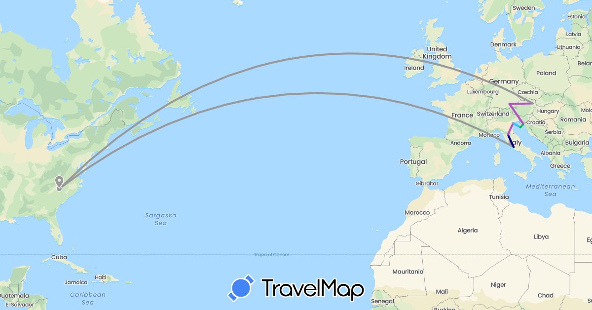 TravelMap itinerary: driving, bus, plane, train, boat in Austria, Germany, Croatia, Italy, United States, Vatican City (Europe, North America)